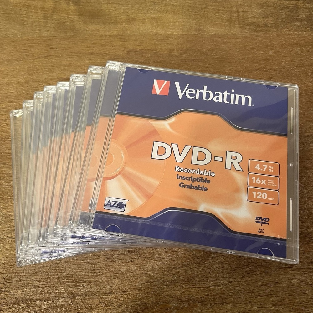Lot of 8 Verbatim‎ DVD-R 4.7 GB 16X Recordable Blank Discs New Sealed Slim Cases